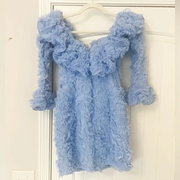 ASOS LUXE 3D Lace Ruffle Bardot Mini Dress in Blue - Picture 7 of 10